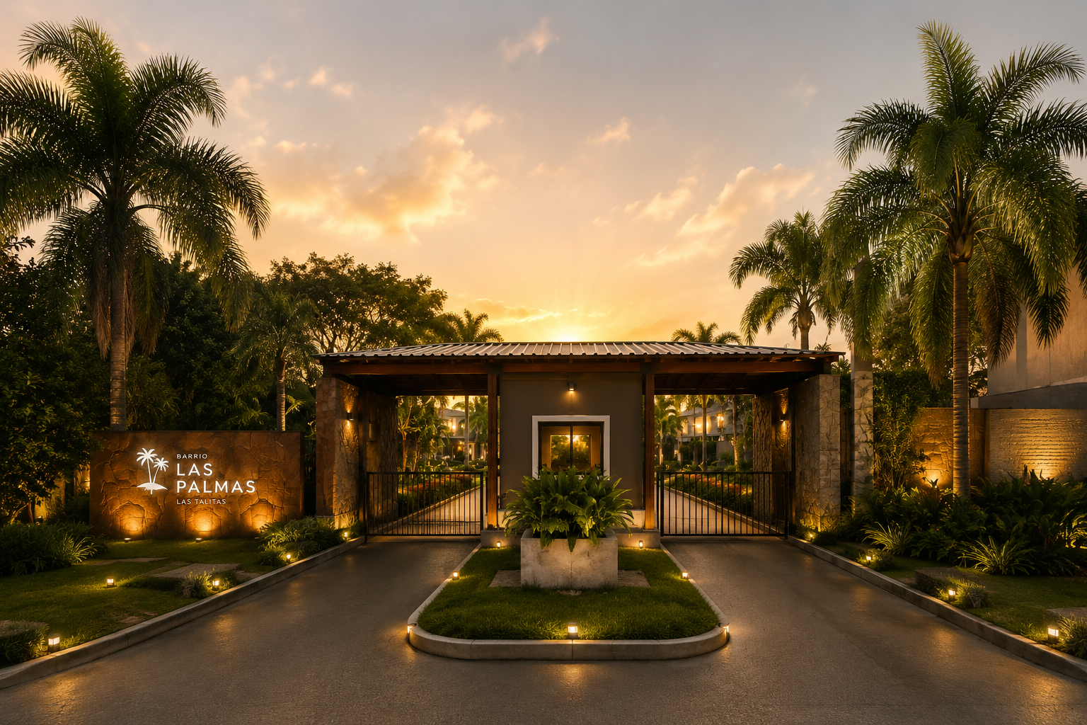 Ingreso al barrio con portón, palmeras y luz cálida de atardecer